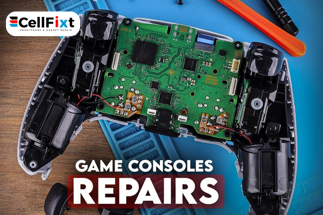 Console Repair Tools:  "Set of tools for game console repair, including screwdrivers, tweezers, and thermal paste, arranged on a workbench."